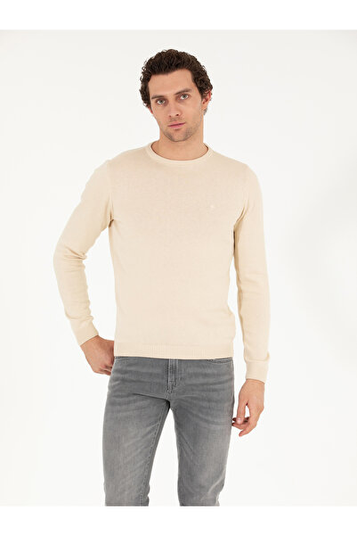 Cacharel Bej Slim Fit Pamuk Karışımlı Bisiklet Yaka Basic Triko Kazak 50257379-VR011