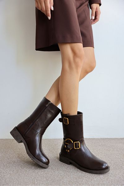 selinshoes Senta Buckle Detailed Zippered Women's Boots - Brown