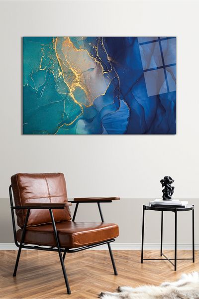 Vosevu Pictură abstractă pe sticlă cu detaliu de aur albastru, decor modern pentru biroul de acasă, decorare de perete cadou, sticlă rezistentă la spargere