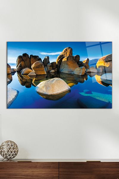 Vosevu Pictură pe sticlă Rocks Inside Lake, Decor modern pentru biroul de acasă, Decorare de perete cadou, Sticlă rezistentă la spargere