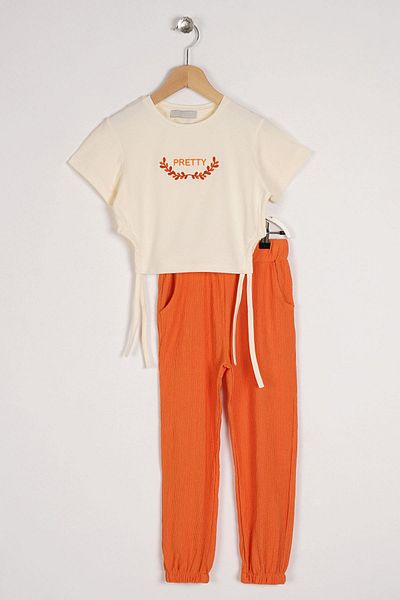 zepkids Crew Neck Short Sleeve Pretty Printed Ecru Orange Color Girl's Two-Piece Set with Ties on the Sides