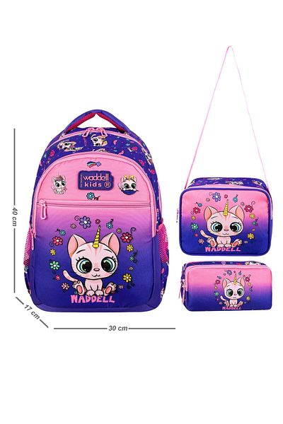 Waddell Licensed Purple-Pink Cat Patterned School Backpack for Girls, Lunchbag and Pen Holder