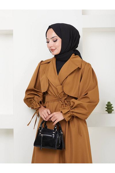 MY QILAM Cotton Waterproof Long Double Breasted Collar Trench Coat - Balloon Sleeve and Waist Tie (120cm)