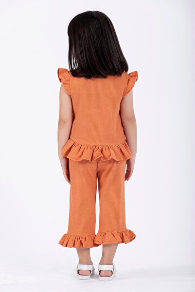 zepkids Crew Neck Short Sleeve Waffel Pacifier Frilly Double Set Brick Color Girl's Double Set