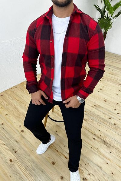 VİP LOKAL Thick Winter Red Plaid Fleece Shirt