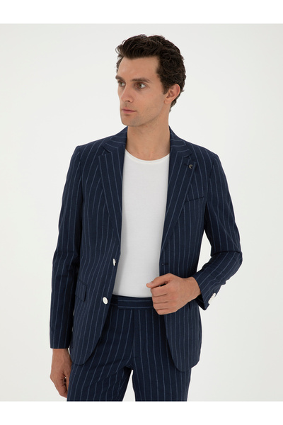 Cacharel Koyu Lacivert  Slim Fit Yün Keten Karışımlı Takım Elbise 50288569-VR100