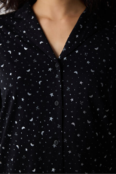 Penti Düğmeli Pamuklu Dark Sky Siyah Gömlek Pantolon Pijama Takımı