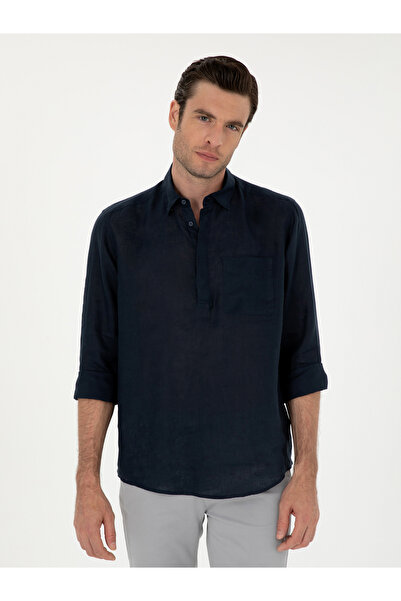 Cacharel Lacivert Slim Fit Yarım Düğmeli %100 Keten Gömlek 50288732-VR033