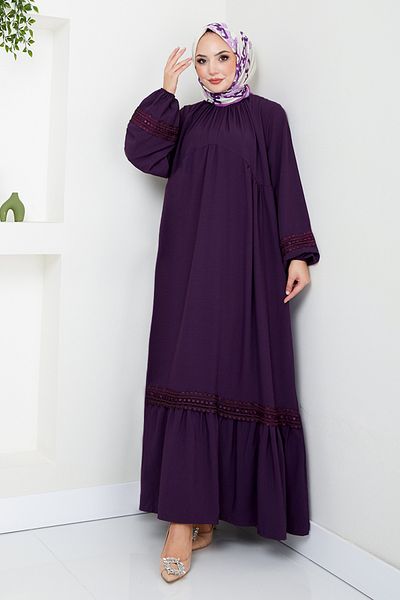 ModaMerve Purple Guipure Detailed Dress - 2458Hbs932