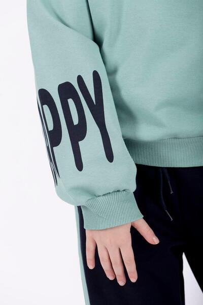 zepkids Crew Neck Long Arm Sleeves Happy Girl Printed Mint Color Girl's Two-Piece Set