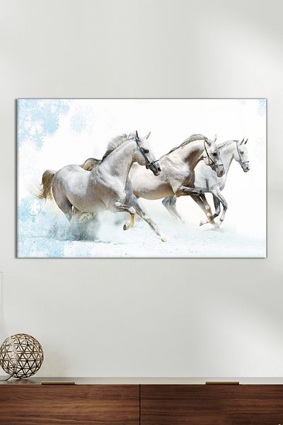 Vosevu Noble White Running Horses Glass Painting, Modern Home Office Decor, Gift Wall Decoration, Shatterproof Glass