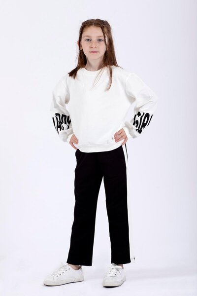 zepkids Crew nyakú, hosszú ujjú ujjú Happy Girl nyomtatott ekrü színű lány kétrészes készlet