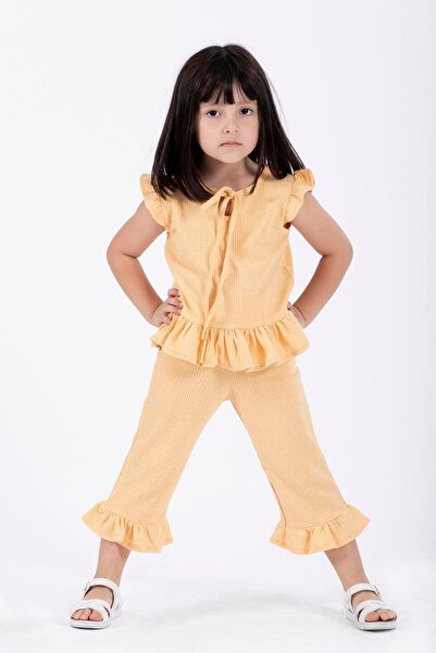 zepkids Crew Neck Short Sleeve Waffel Pacifier Frilly Double Set Mustard Color Girl's Double Set