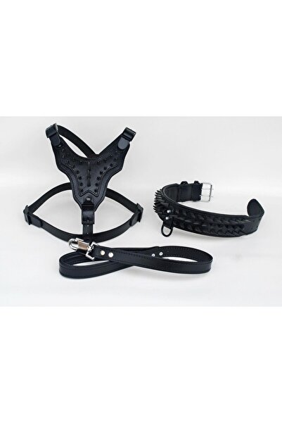 AC LEATHER AYARLANABİLİR DERİ GÖĞÜS TASMASI YÜRÜYÜŞ SETİ SİYAH FİL DİŞİ DETAYLI