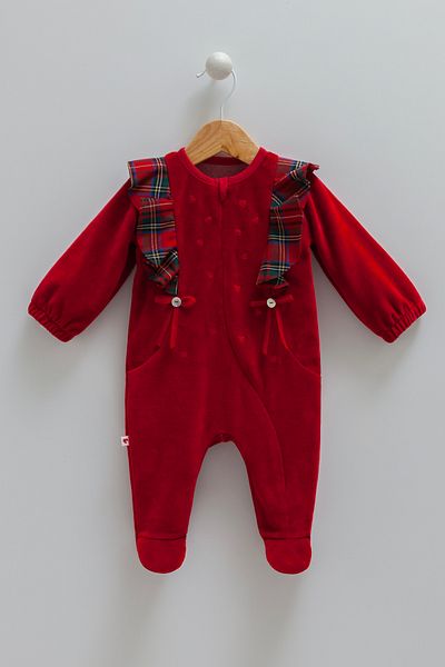 Caramell New Year's Themed Velvet Baby Girl Jumpsuit - Christmas Costume (1-3/3-6 Months with Booties, 6-9/9-12 Months Without Booties)