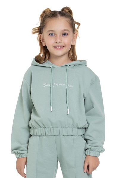 zepkids Hooded Long Sleeve Daisy Flowers Leaf Printed Cagla Green Color Girl's Double Set