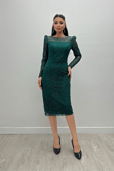 giyimmasalı Glittery Tulle Fabric Round Neck Pencil Dress - EMERAL GREEN