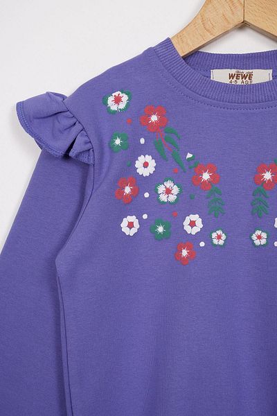 zepkids Purple Cıcek Embroidered Crew Neck Girl's Set - Long Sleeve
