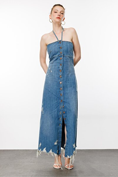 Denim Trip Straplez Çıkabilir Askılı Orta Indigo Uzun Jean Elbise