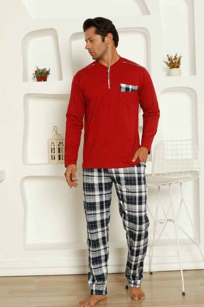 ALİMER Бордовий картатий піжамний комплект з довгими рукавами для чоловіків 1207uy