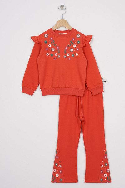 zepkids Girl's Two-Piece Set - Crew Neck, Long Sleeve, Cıcek Embroidery Print, Brick Color