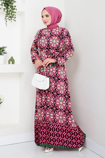 ModaMerve Φούξια Floral Print Φόρεμα - 2475HBS932-M