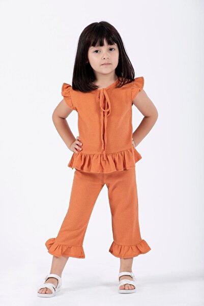 zepkids Crew Neck Short Sleeve Waffel Pacifier Frilly Double Set Brick Color Girl's Double Set