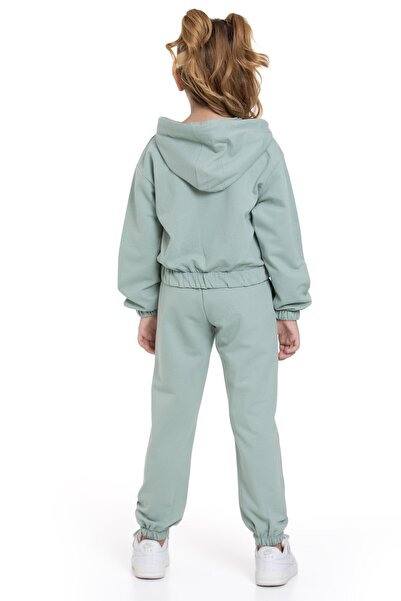 zepkids Hooded Long Sleeve Daisy Flowers Leaf Printed Cagla Green Color Girl's Double Set