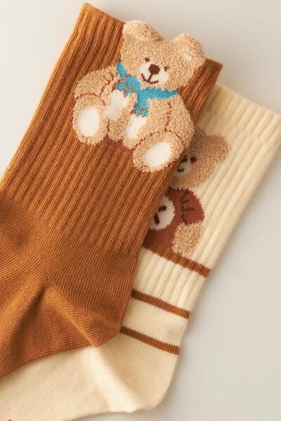 Katia&Bony Комплект от 2 броя дамски чорапи с шарки на плюшено мече - екрю и кафяво
