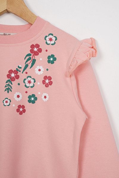 zepkids Girl's Two Pieces Set - Crew Neck, Long Sleeve, Cıcek Embroidery Printed, Salmon Color