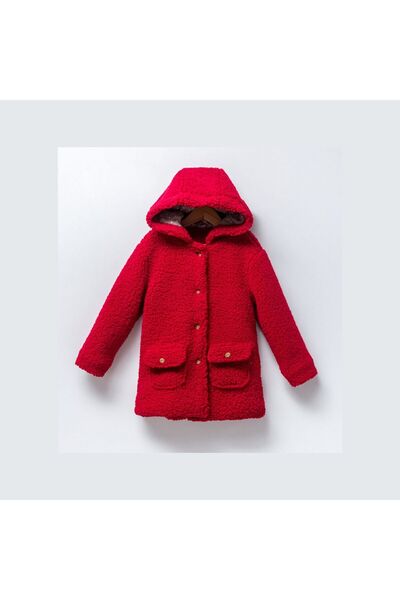 Cumino معطف للفتيات من Rolly Red Powder Beige مع قبعة بأزرار 6-7-8-9 سنوات