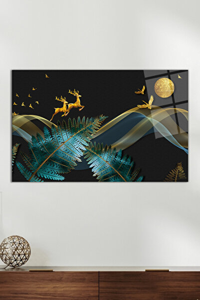 Vosevu Kuş ve Geyik Gold Detay Cam Tablo, Modern Ev Ofis Dekoru, Hediyelik Du...