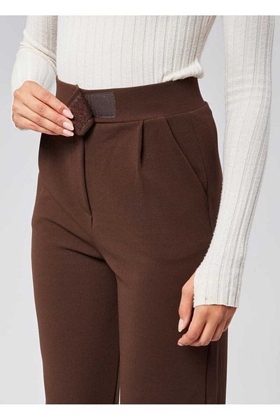 NEVEGE BUTİK Women's Knitted Fabric Full Lycra Velcro Waist Palazzo-Brown