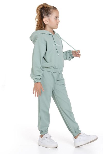 zepkids Hooded Long Sleeve Daisy Flowers Leaf Printed Cagla Green Color Girl's Double Set