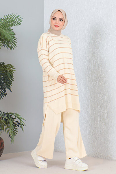 MODAQU Σετ πλεκτό τουνίκ και παντελόνι σε πέτρινο χρώμα Glittery ριγέ