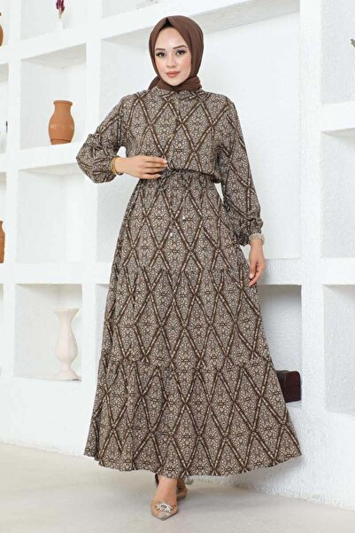 SGS Φόρεμα καφέ βισκόζης - με κορδόνια και σχέδια
