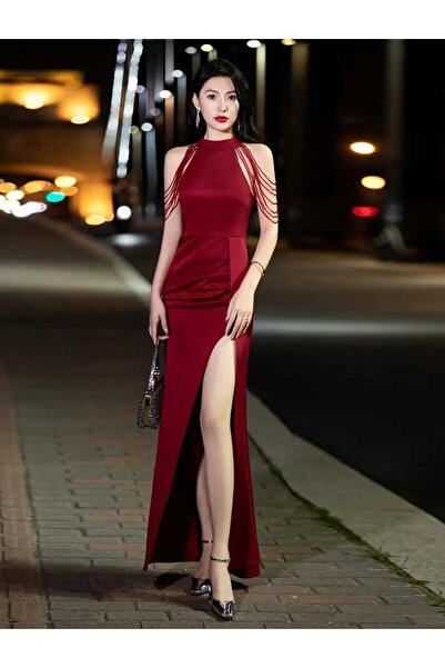 MODAS HALTER YAKA BONCUKLU DETAYLI KREP ABİYE ELBİSE