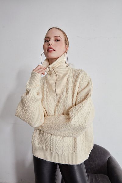 VATKALI Cremefarbener Strickpullover mit Reißverschluss