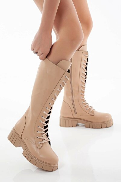 GULT Kadın Bağcıklı Fermuarlı Binici Çizme 5 Cm Nude