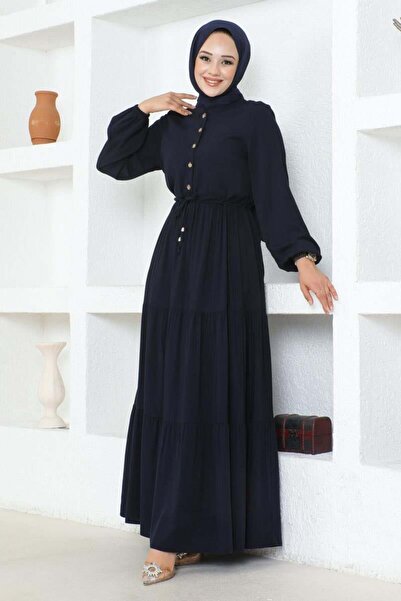 SGS Φόρεμα από βισκόζη ΣΚΟΥΡΟ ΜΠΛΕ - Με κορδόνια στη μέση