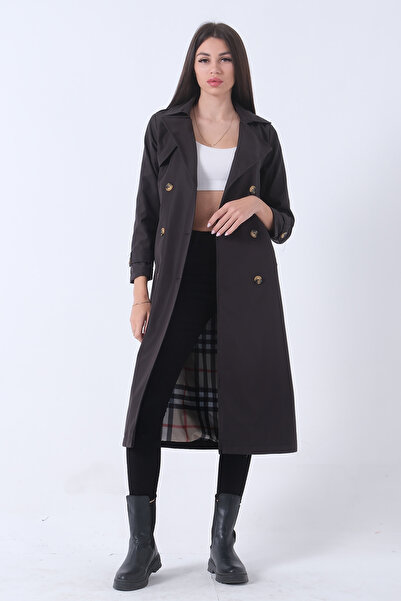 Feminist Ekose Astarlı Düğmeli ve Kemerli Trençkot Siyah 0204049