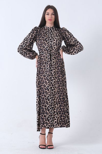 Feminist Leopard Patterned Hijab Dress with Elastic Ankle and Waist Ties 4673008