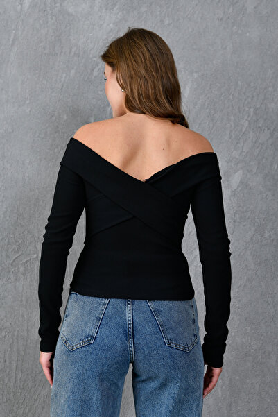 bayansepeti Black Stretch Fabric Cross-Strapped Strapless Collar Blouse 12748
