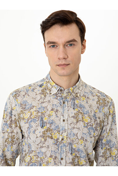 Cacharel Açık Kahverengi Keten Karışımlı Slim Fit Uzun Kollu Gömlek 50247591-VR002