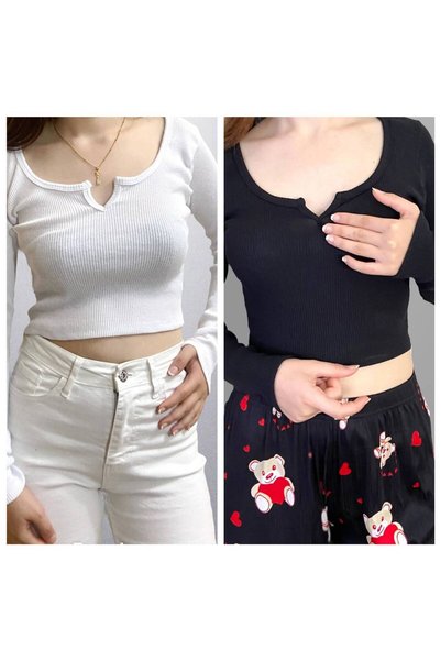 Lorya Giyim 2'li paket  %100 Pamuklu Kadın Fitilli Kaşkorse V Yaka Crop  Bluz