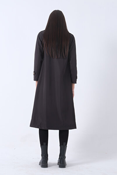 Feminist Ekose Astarlı Düğmeli ve Kemerli Trençkot Siyah 0204049