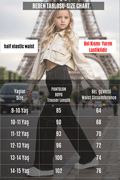 Joui Co Kız Çocuk Oversize Kargo Cepli Dikiş Detaylı %100 Pamuk Kot Pantolon