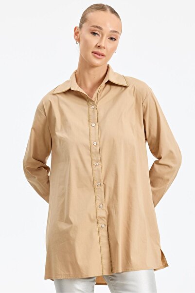 Tığ Triko Straz Taş Detaylı Poplin Gömlek CAMEL
