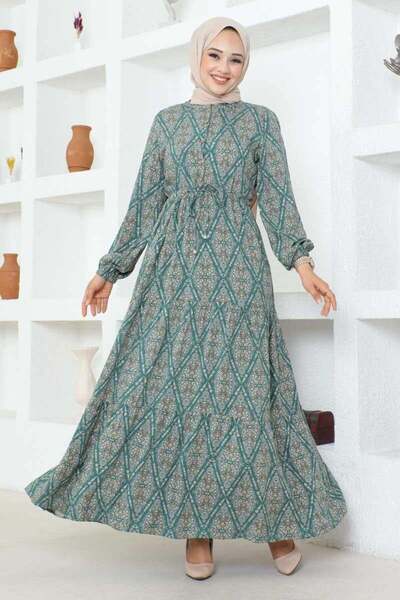 SGS Φόρεμα με κορδόνια με πράσινο σχέδιο βισκόζης