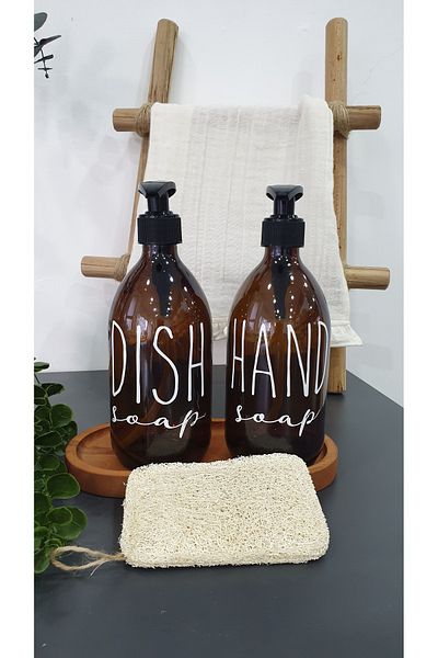 PITRAK 2-Piece 500 ml Amber Glass Liquid Soap - Bottle with Wooden Stand and Pumpkin Fiber Sponge Kitchen Soap Dispenser